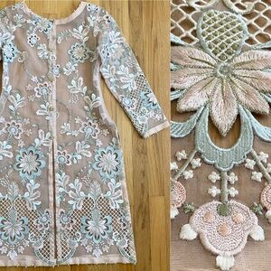 Vintage Sheer Embroidered Tunic Dress *Small* Pink Organza Embellished Ethnic